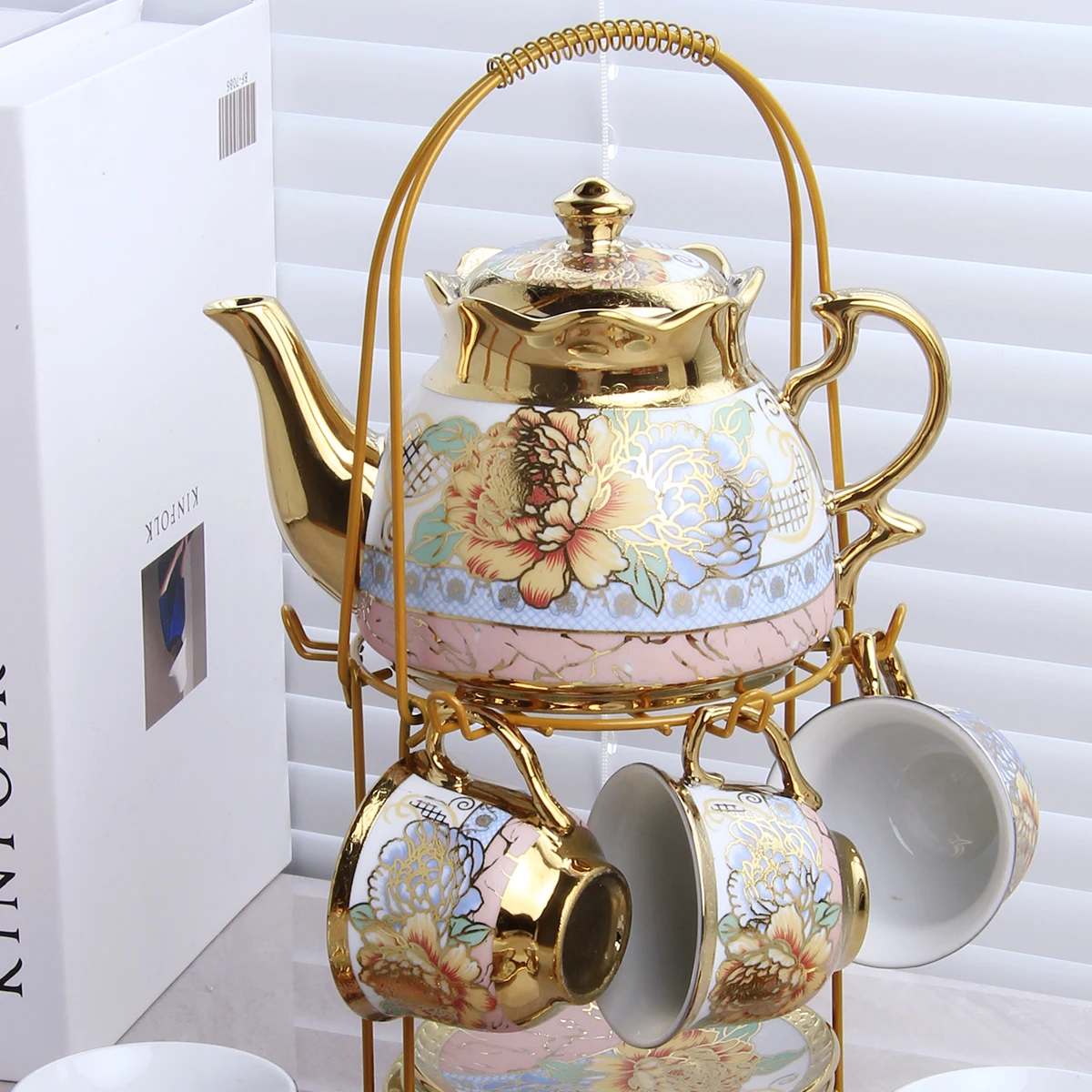Vintage Ceramic Afternoon Tea Teapot Set French Vintage Flower Gold Ring English Teapot Coffee Cup Saucer Set