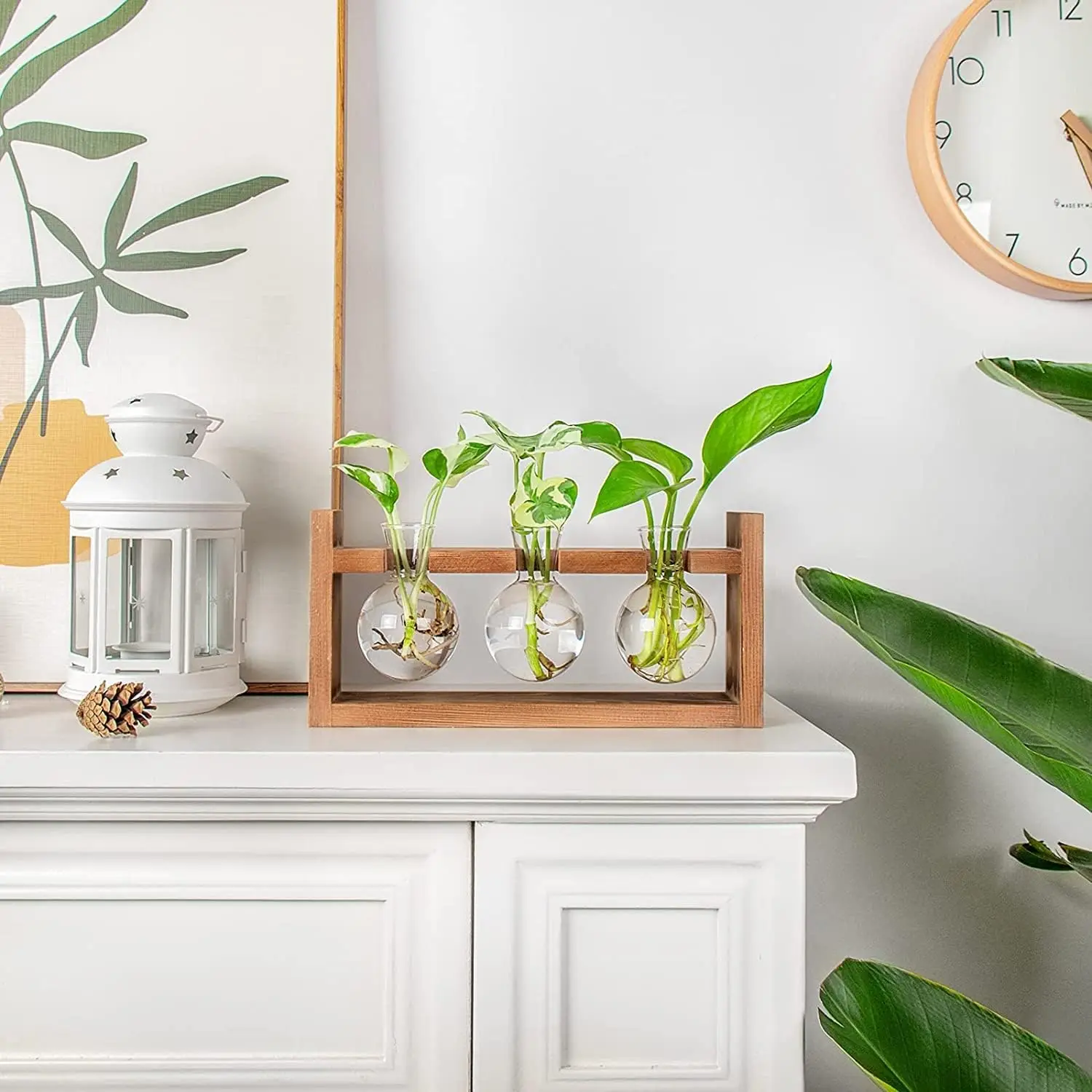 Hot Sale  Wood Plant Holder Glass Plant Bulb Vase with Retro Solid Wooden Stand for Hydroponics Plants Home Garden Wedding Decor