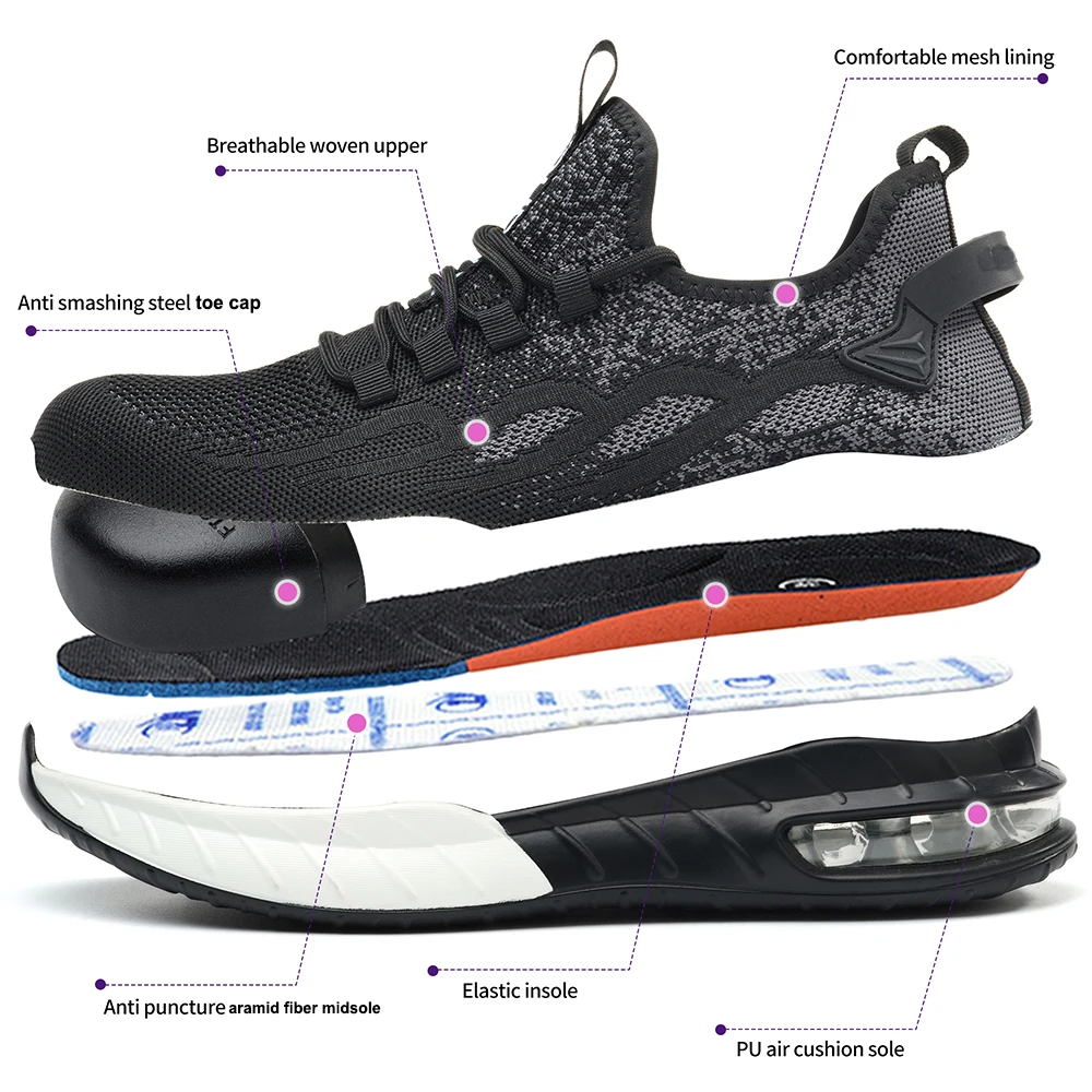 Tiger master air cushioned anti-smashing steel toe puncture-proof light weight black sport type safety shoes unisex