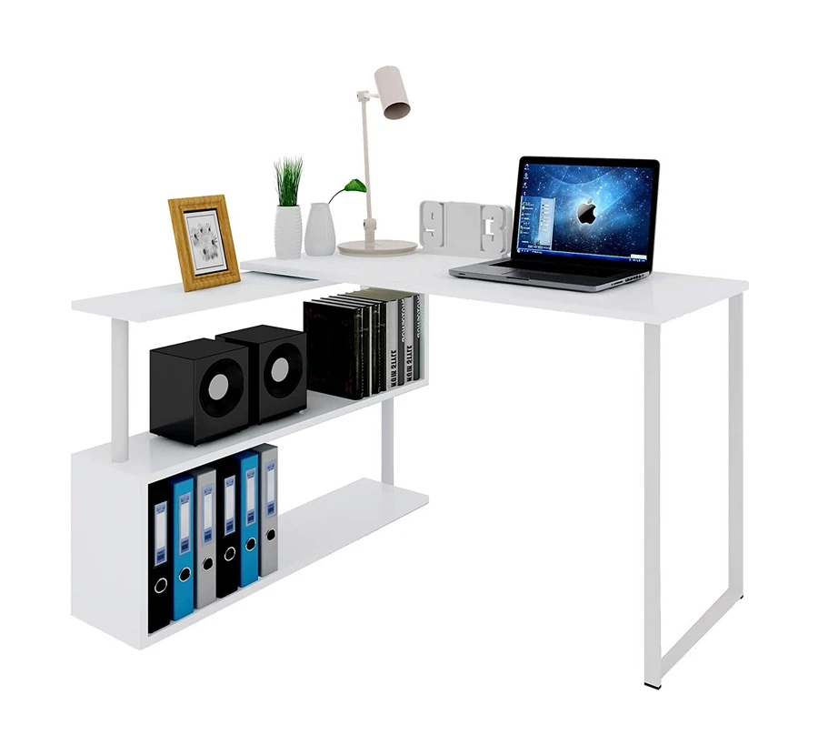 Wood L-Shaped Corner Computer Office Desk with Shelves Foldable Computer Workstation PC Gaming Study Writing Desk White