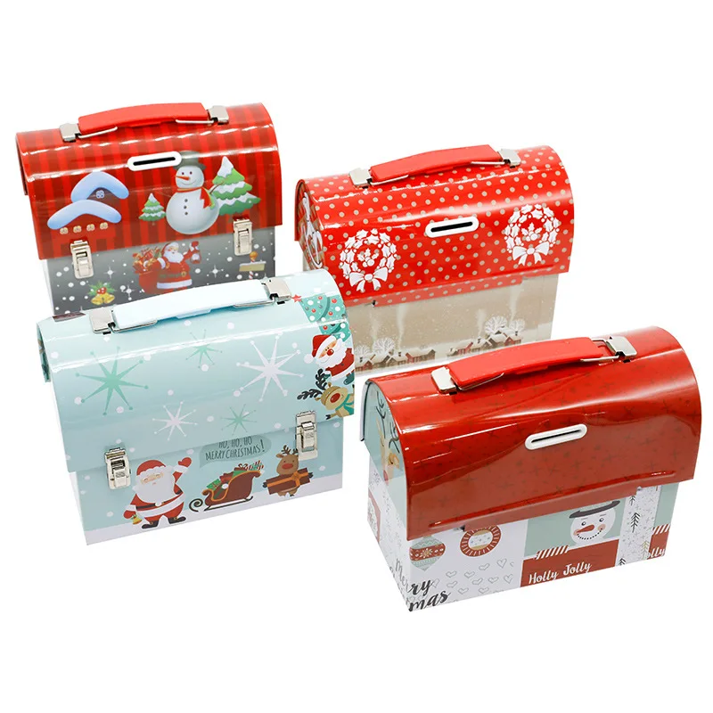 Hot Sale Empty Christmas Cookie Tin Can With Custom Print Handle Tins For Christmas food  nut cracker