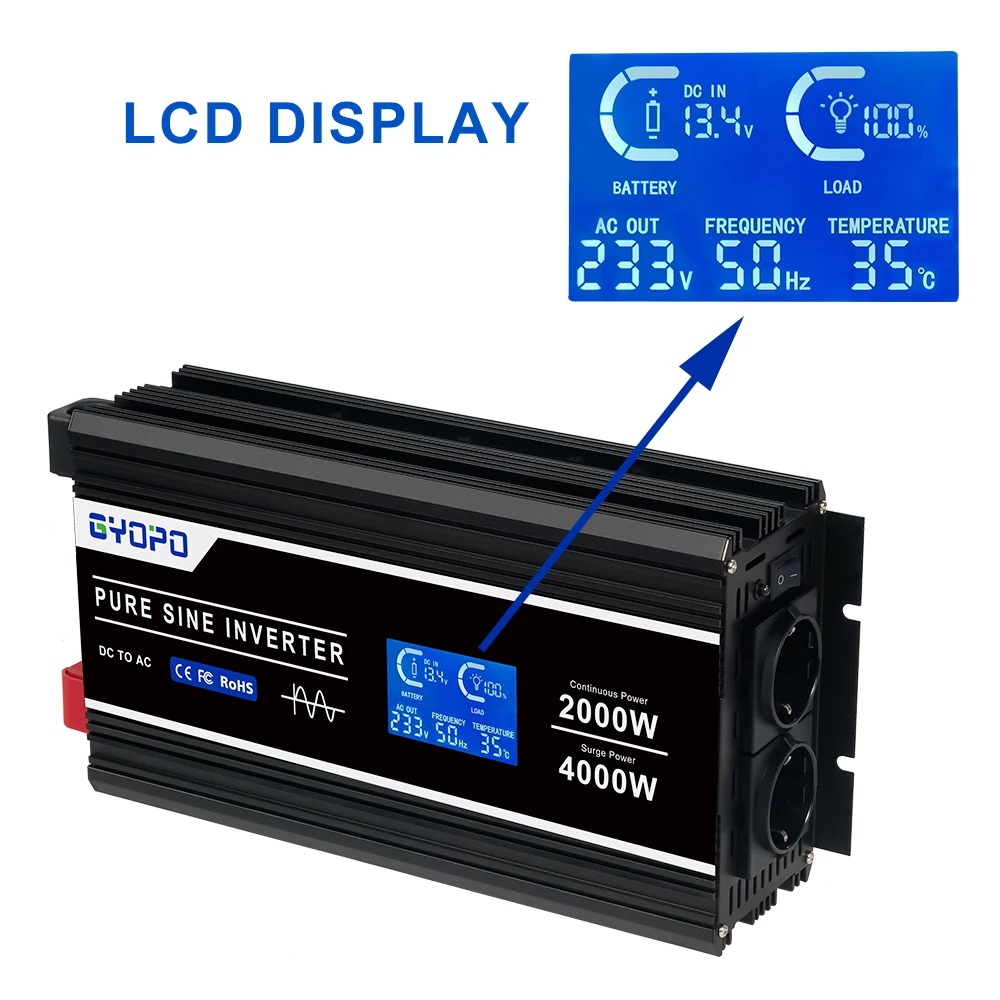 Gyopo car use inverter 12V 24V 48V dc to 220V 230V 240V ac 2000w power inverter with LCD screen monitor