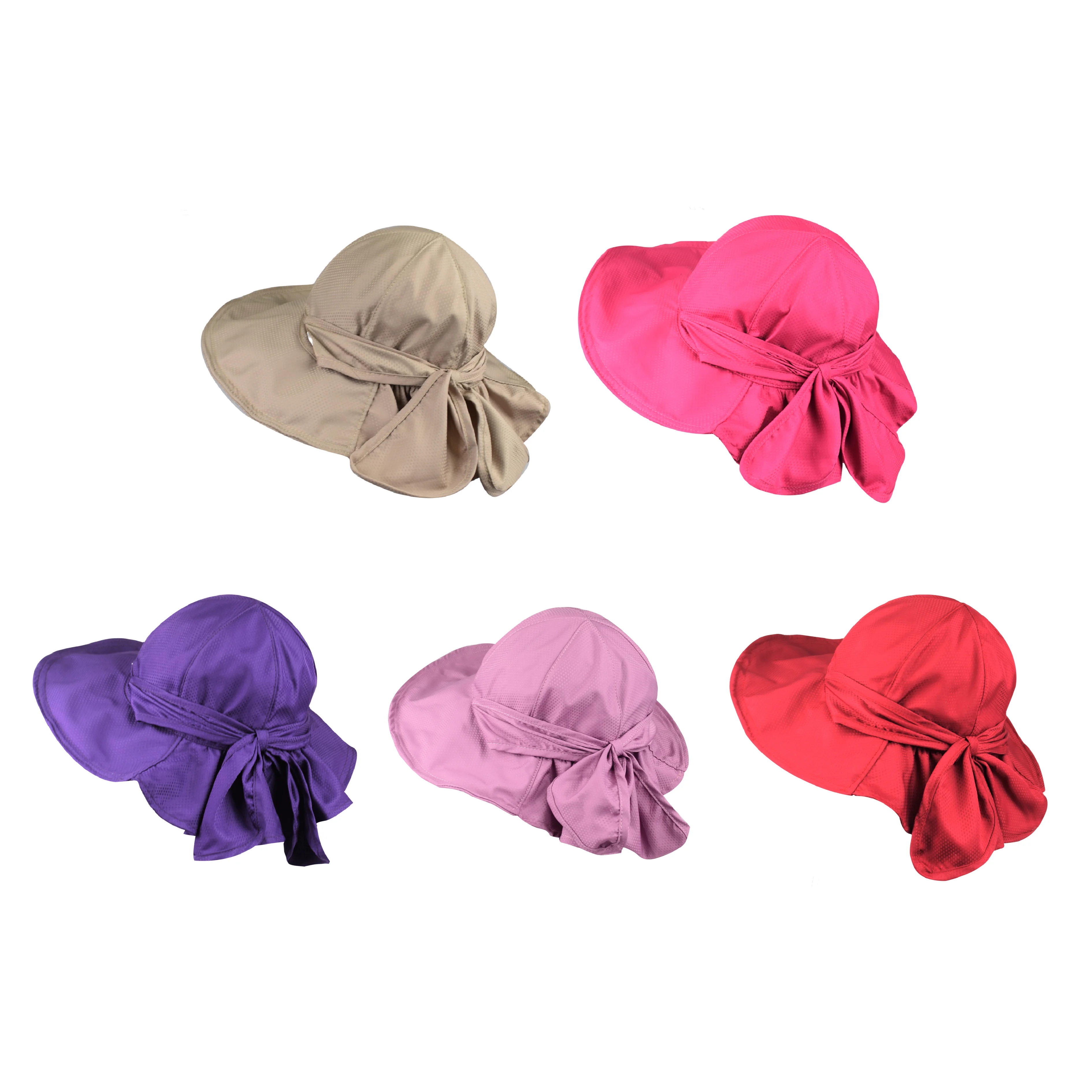 Light Gray Wide Brim Summer Polyester Hat Floppy Foldable Roll up Beach Sun Hats UPF 50+ With Bowknot Hair Bow Tie