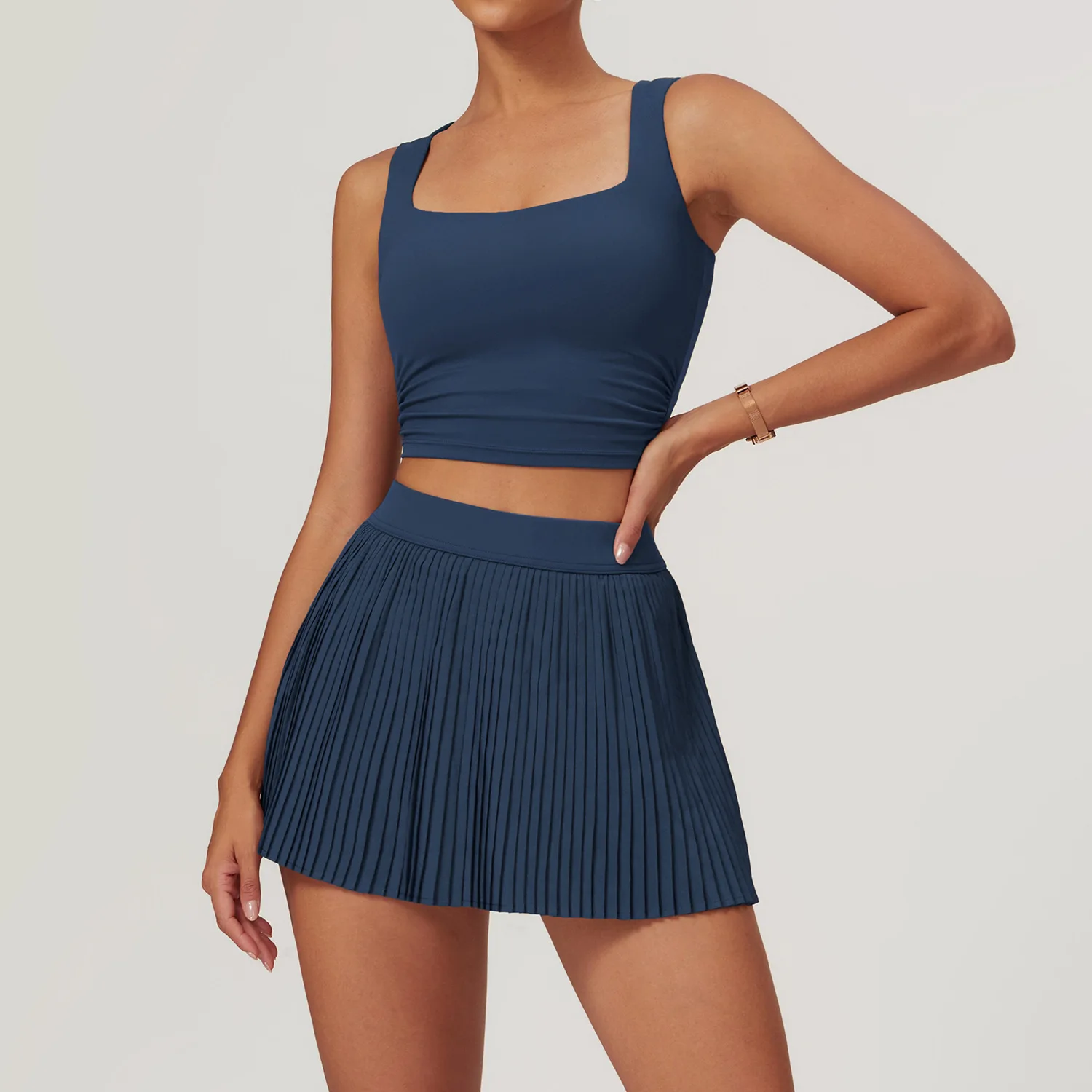 FANCO Custom Workout Running Navy Blue Tennis Wear Pleated Tennis Skirt Two Piece Set Women Clothing Crop Top Tenis Skirt Set