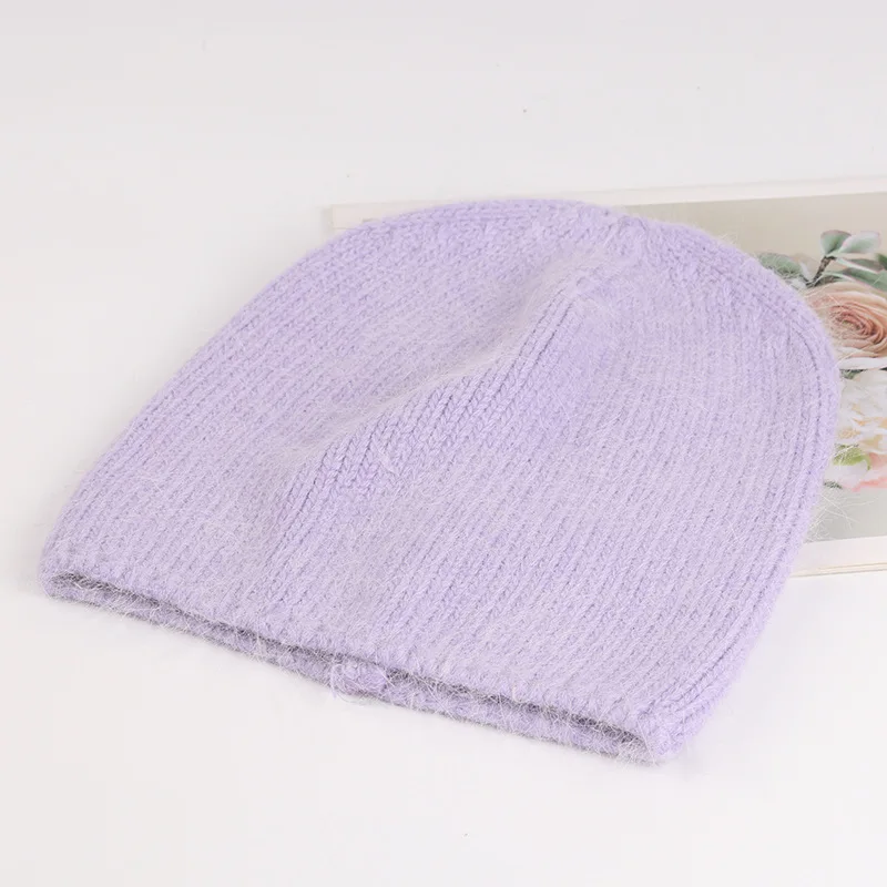 New Simple Rabbit Fur Winter Hat Soft Autumn Woman Warm Skullies No Cuff Beanie Cap With Custom Logo