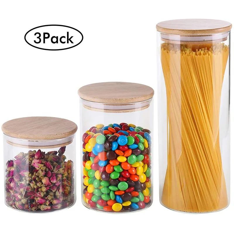 Glass Food Storage Containers Set Airtight Food Jars with Bamboo Wooden Lids Kitchen Canisters For Sugar Candy Cookie Spice