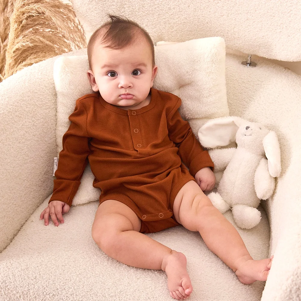 Petelulu Newborn Ribbed Bamboo Fiber Baby Bodysuit Set Long Sleeve Baby Clothing Sets With Crew Neck Snap Button Baby Romper