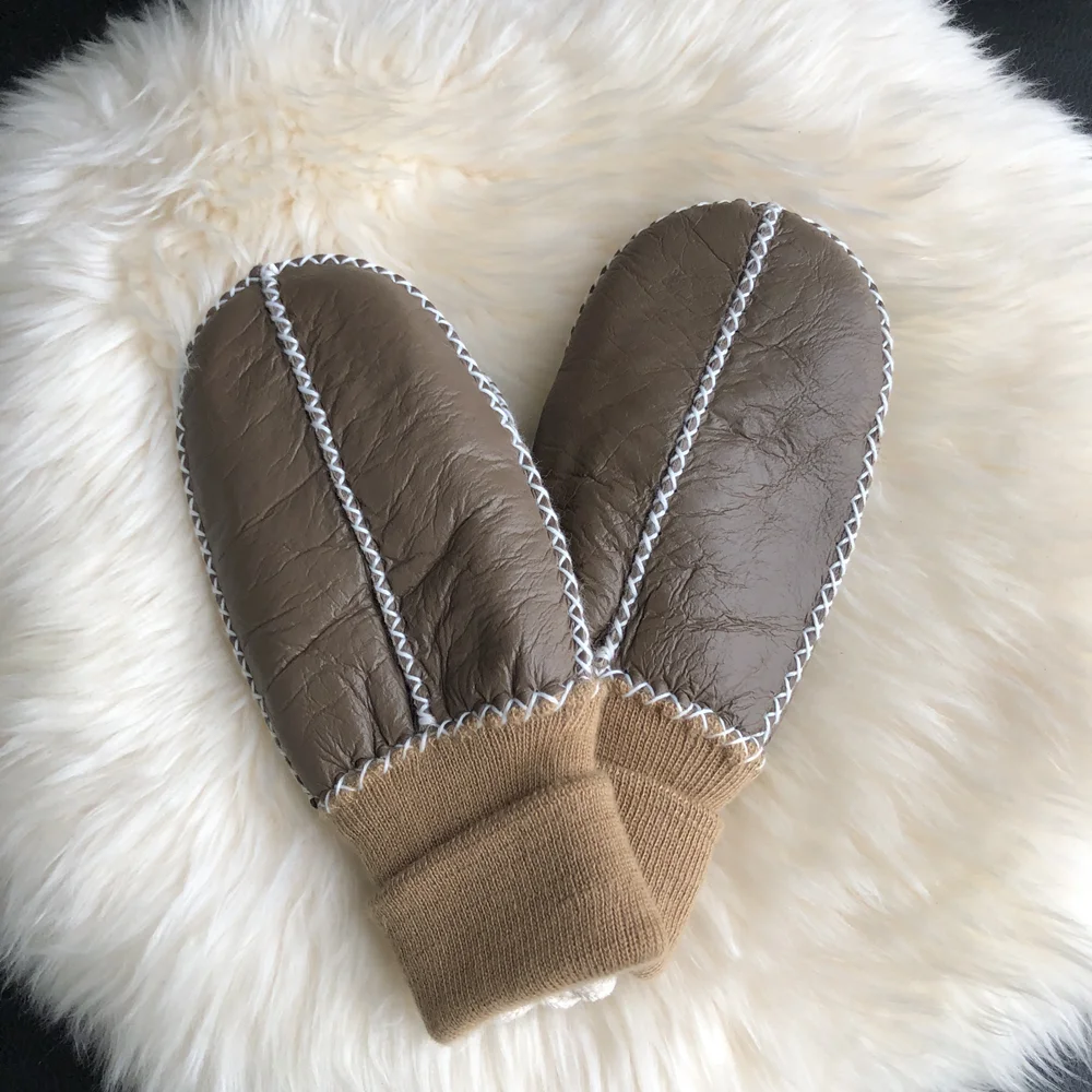 Custom Fashionable Waterproof Features Double Face Sheepskin Leather Gloves Kids Mittens Shearling Fur Lining