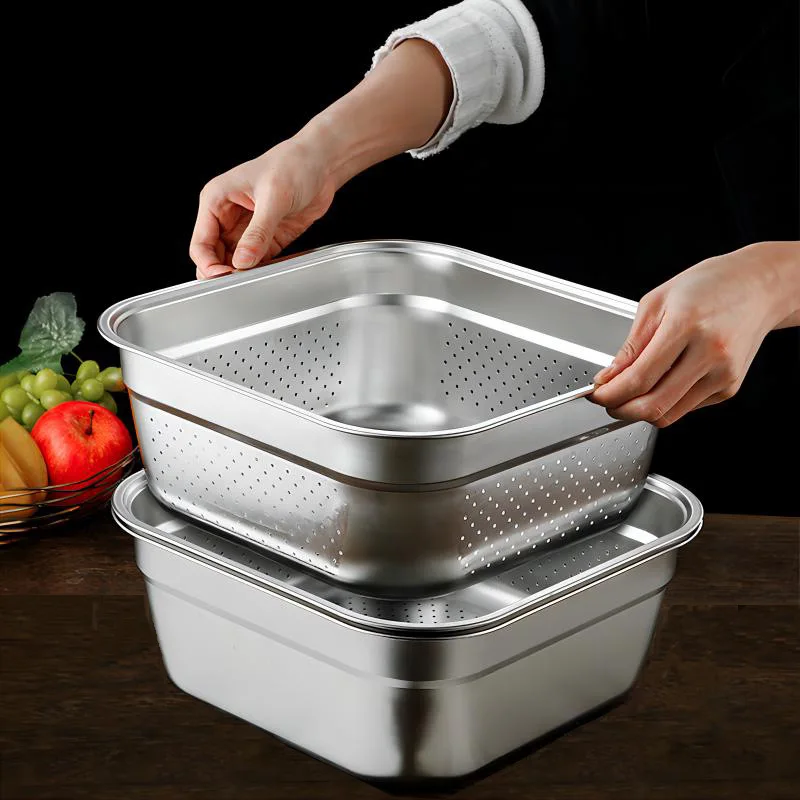 Stainless steel basin square fruit and vegetable salad basin rectangular washbasin thickened and basin fruit and vegetable drain