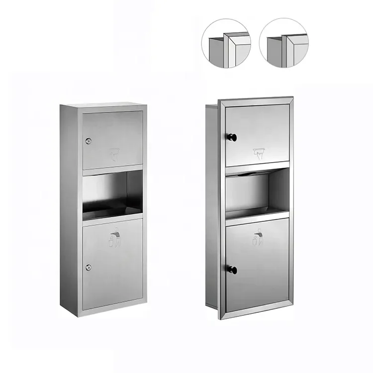 Commercial SUS304 stainless steel recessed wall mount combination waste bin and toilet hand paper towel dispenser