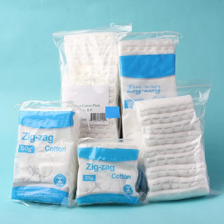 100% Cotton wool hydrophilic zig zag50g, 100g, 250g, 500g
