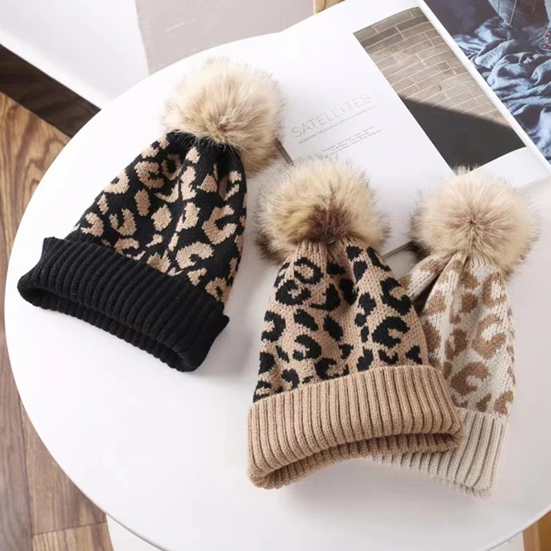 high quality pom pom winter leopard print beanie wholesale soft warm knitted beanie hats