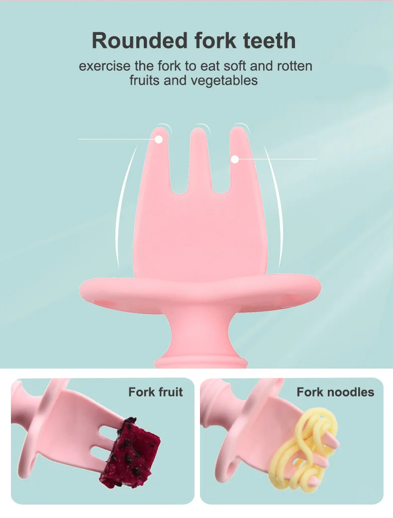 Anti Choke Easy Grab Feeding Sets First Self Feed Training Spoon Fork Tableware Baby Utensils Silicone Spoon and Fork Set