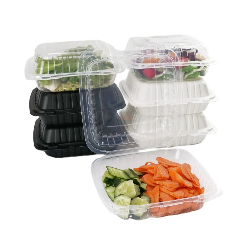 8x8inch takeaway plastic food containers microwave hinged lid boxes clamshell for restaurant food packaging biodegradable