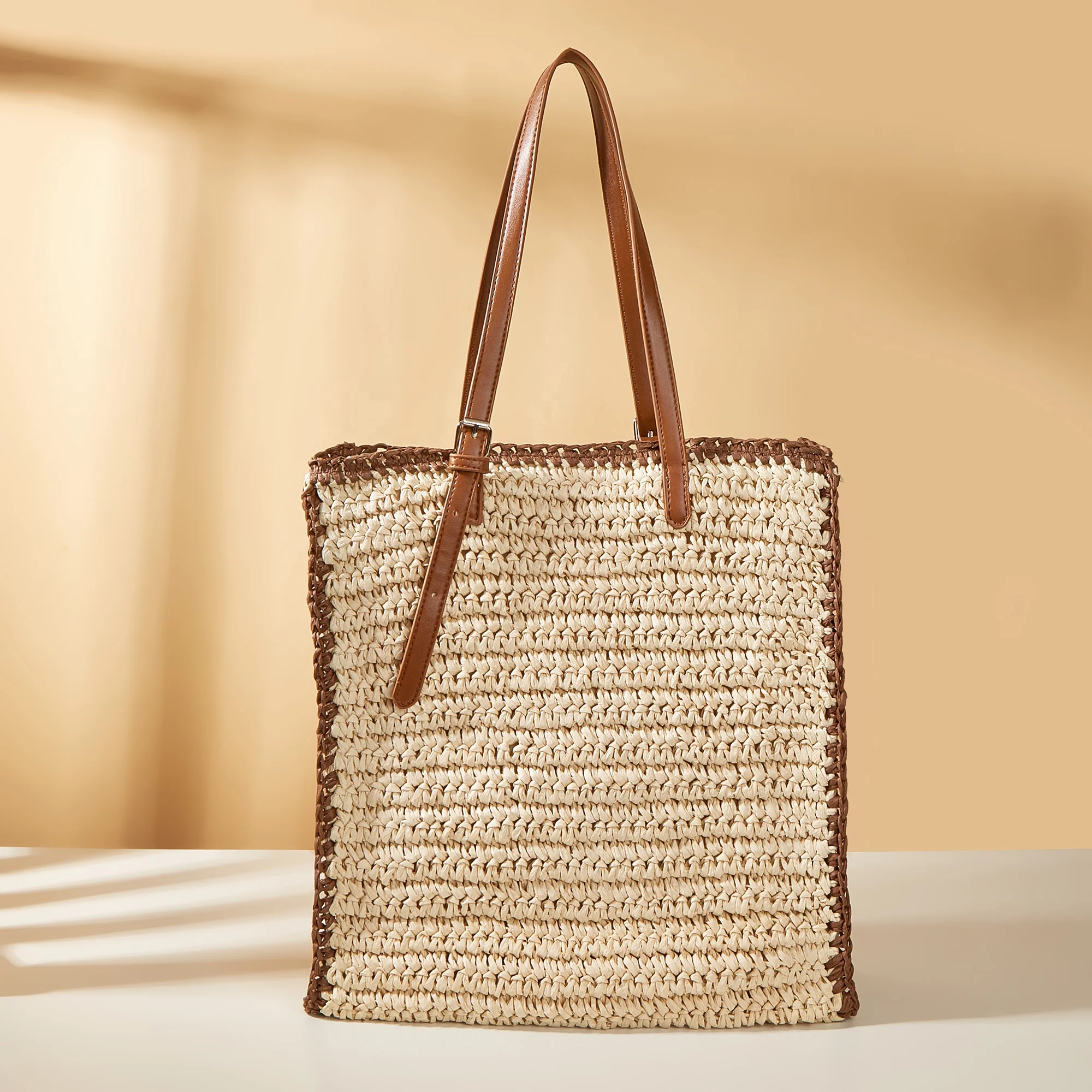 2024 fashion women beige crochet straw tote shoulder bag with leather handle
