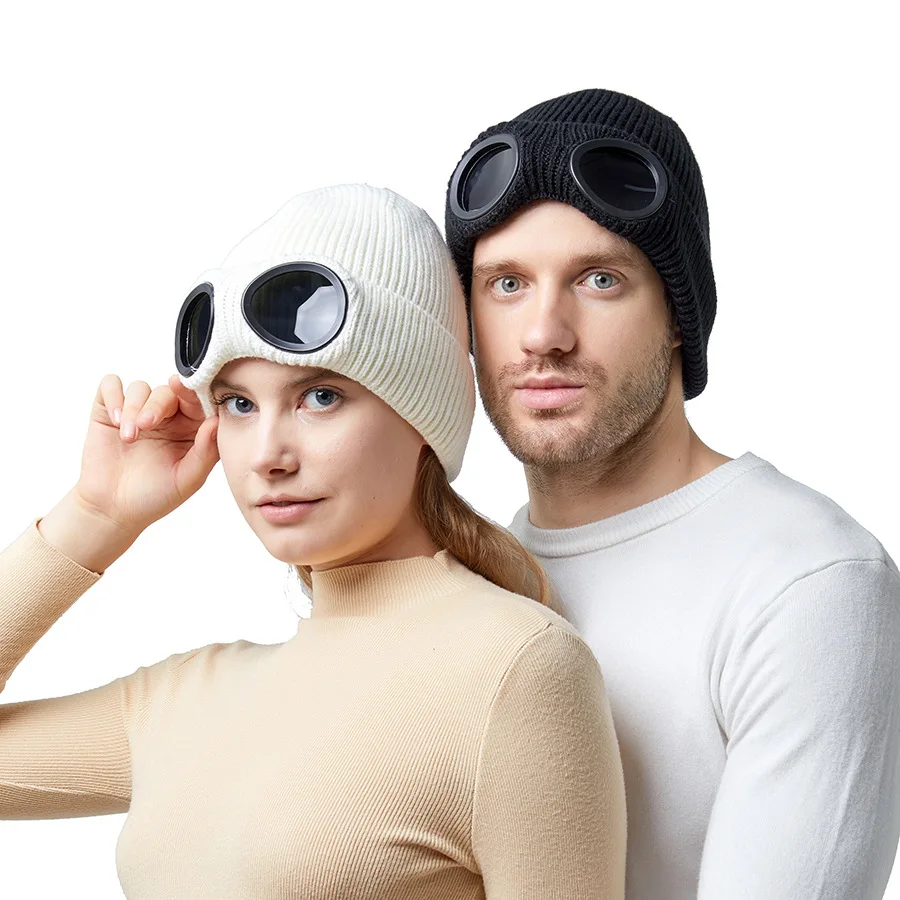 Winter Knit Hats Warm Sunglasses Knitted Cap Unisex Ski Cycling Sports Beanie Hats With Glasses