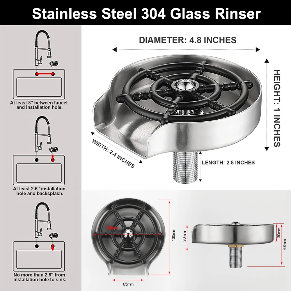 Commercial Bar Cafe Automatic Stainless Coffee Cup Rinser Black Bottle Washer Faucet Glass Rinser For Kitchen Sinks Accessories