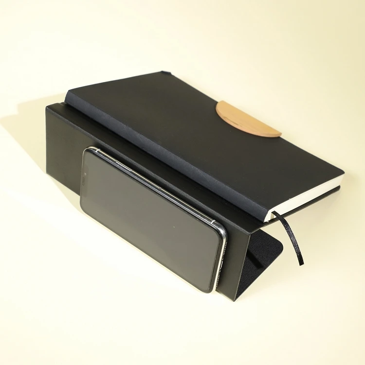A5 Personalized Phone Stand Black Paper Bamboo Cover Business PU Leather Diary Custom Journal Notebook With Pen
