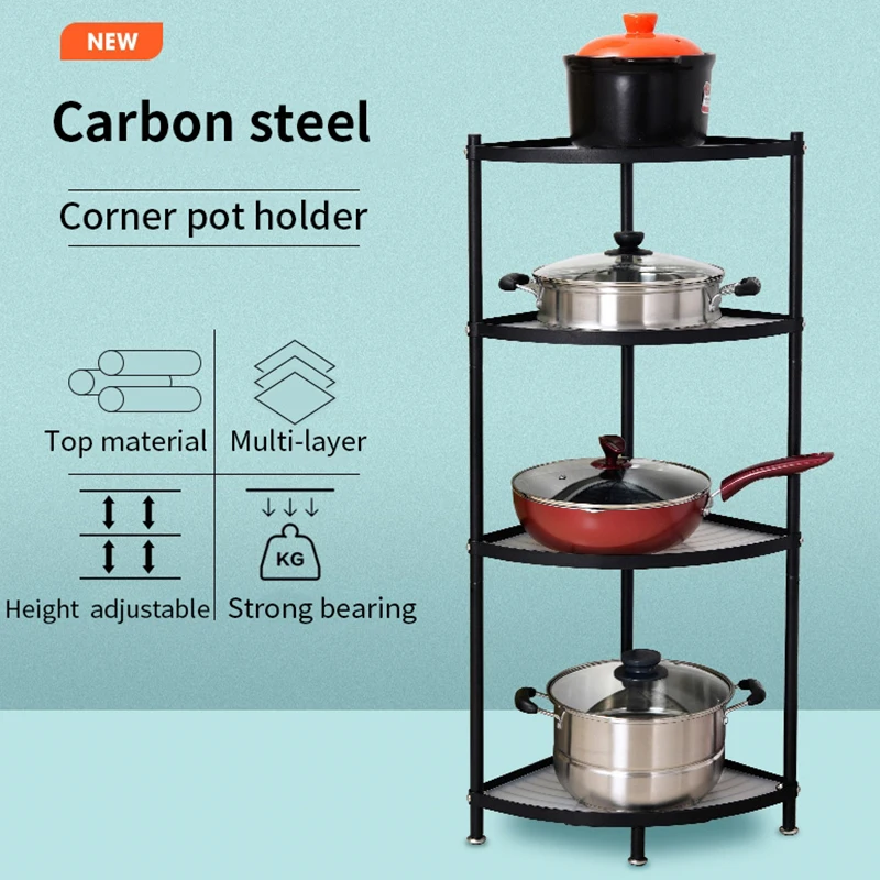 Multi-layer Rolling Metal Kitchen Corner Shelf Pot Pan Storage Organizer Rack for Cookware Stand with Wheels