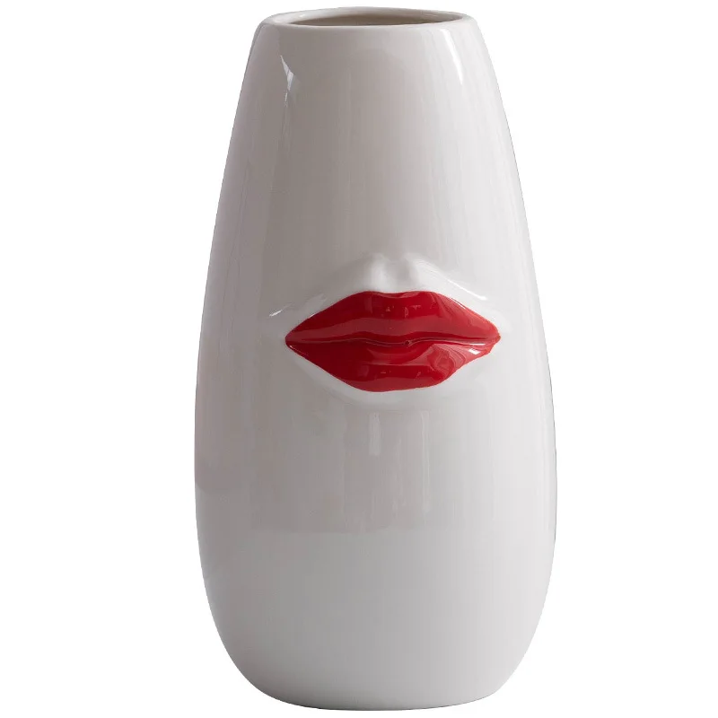 High Luxury Minimalist Boho Creative Floral Vases Ceramic Modern Vases for Home Decor Decorative Vase with Red Lip