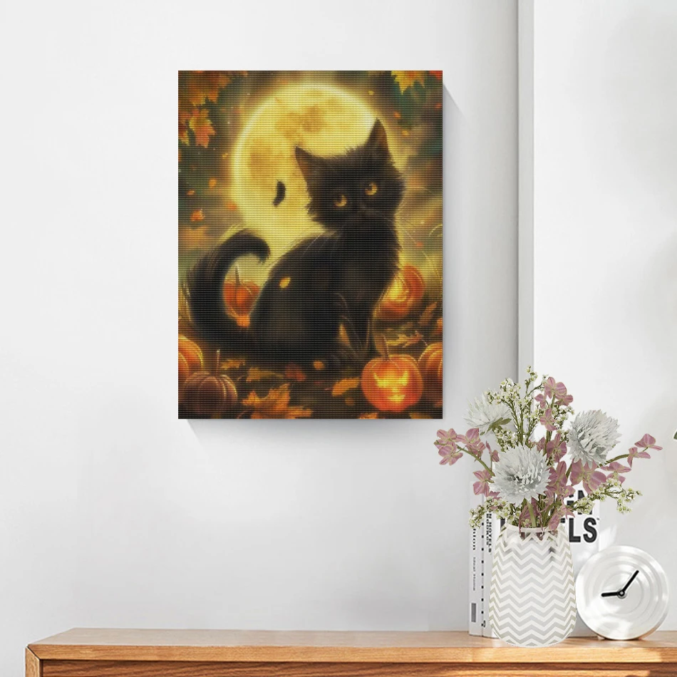 CHENISTORY Halloween Full Round Diamond Embroidery Animal Cat Diamond Painting Rhinestone Pictures Mosaic Decor For Home