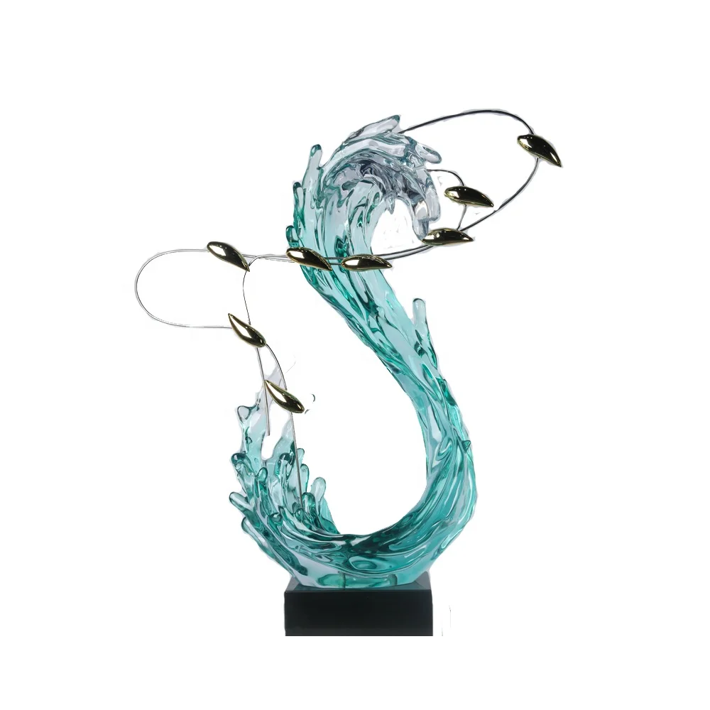 Custom PICO ART Clear Resin Abstract Art Transparent light Green Spray with Birds Table Decoration Sculpture
