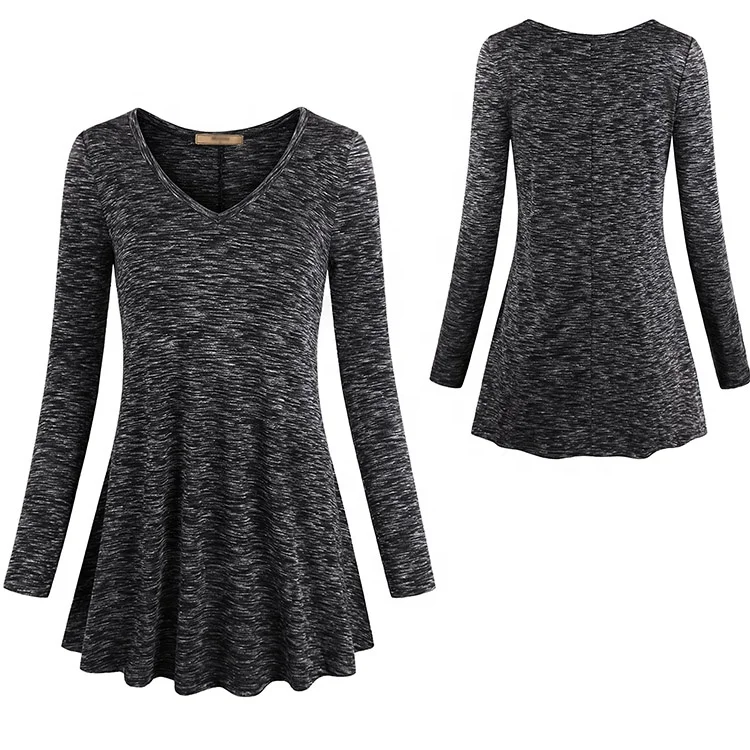 2021Hot Sale Swing Ladies V Neck Long Sleeve Loose Fit Casual Long Tunic Tops Spring Fall Knitted Blouses For women Wholesale f