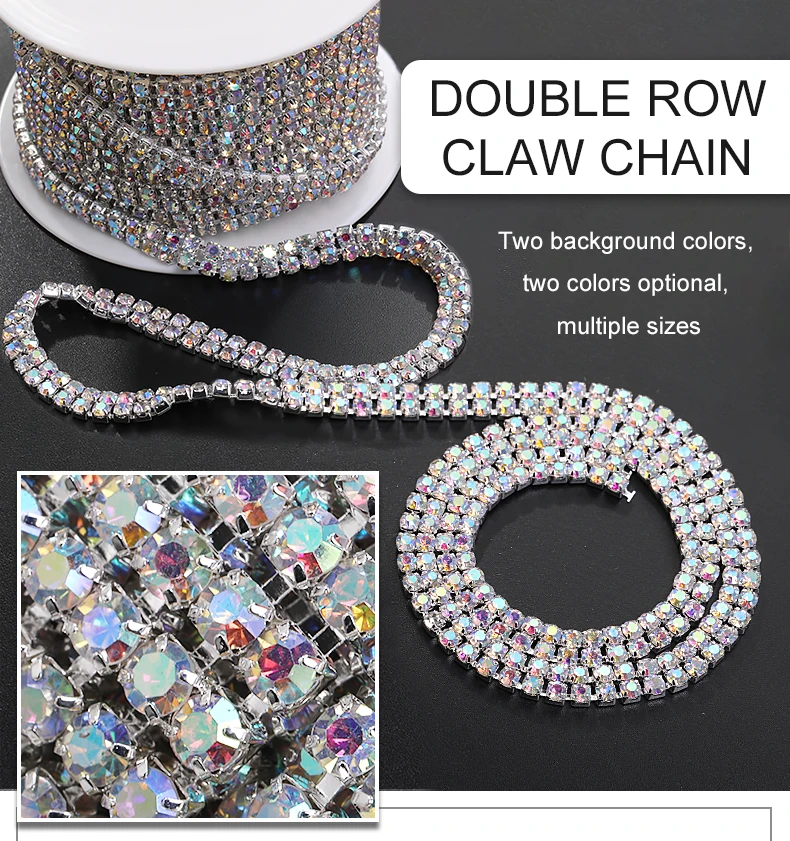 Wholesale Fashion Jewelry SS6-SS16 crystal AB rhinestones sew on Diamond double row claw cup chain for garment clothing