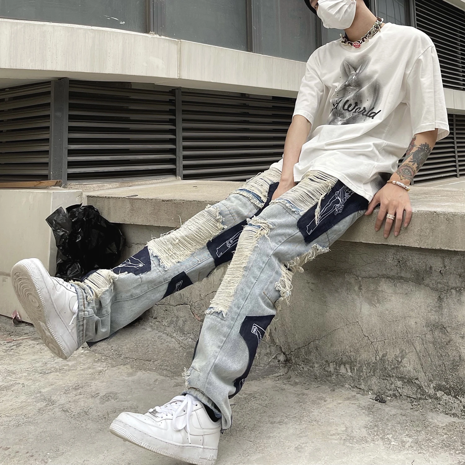NVFelix Latest Design Distressed Ripped Patchwork Color Block Denim Pants Wholesale Vintage Repaired  Regular Fit Jeans For Men