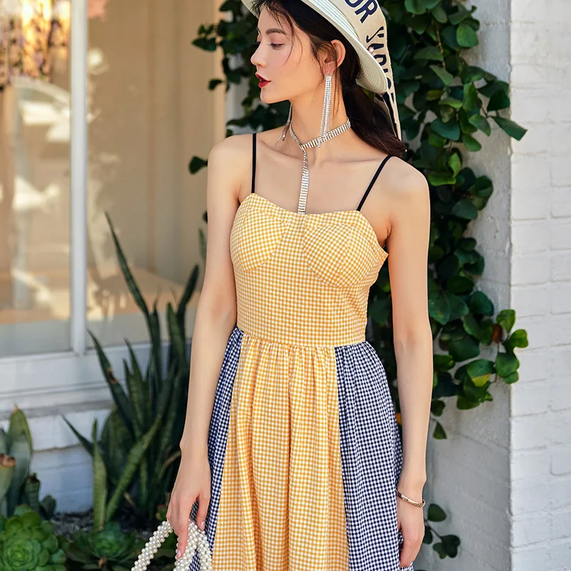 Sexy off-shoulder checked skirt 2024 New Korean style fashion mix colours dress women