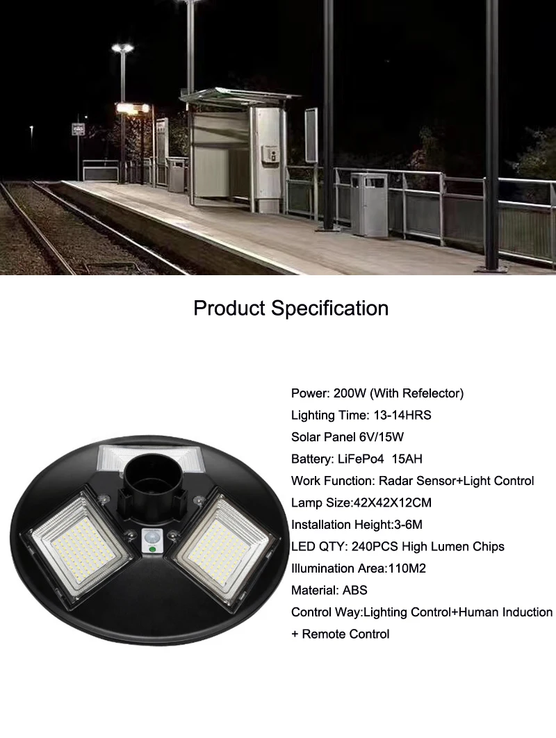 Light Control Radar Sensor ABS Housing Outdoor IP65 Waterproof 200w Solar Led Garden Light with Remote control