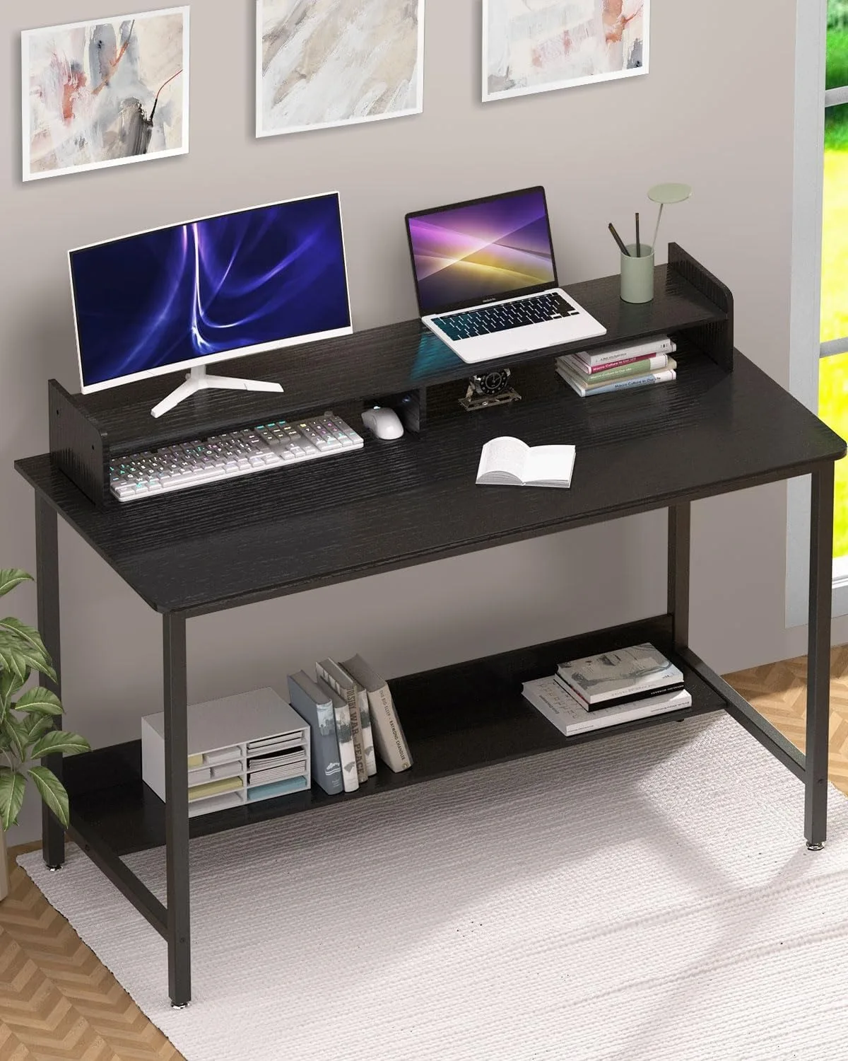 Factory Wholesale Computer Desk with Bookshelf Study PC Desk Workstation with Home Office Living Room Bedroom Metal Frame Black