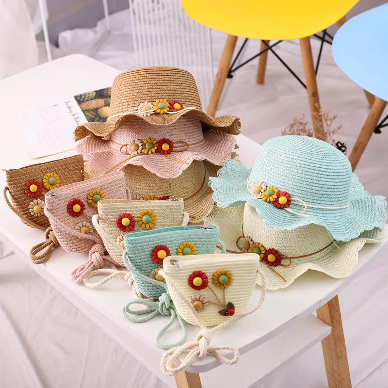 Parent-child Travel Beach Hat Sun protection Shading Large Brim Straw Trendy Korean Version Bag Set Mommy and