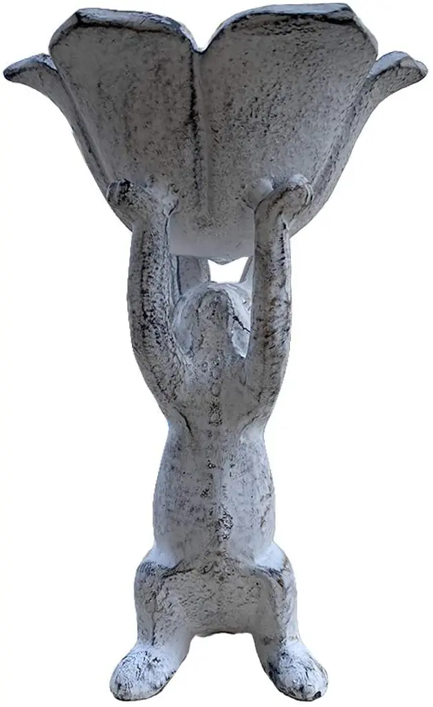 Oniya Distressed Antique White Cast Iron Planter Indoor Outdoor Bird Feeder Bunny Rabbit and Spring Tulip Yard Art Garden Decor