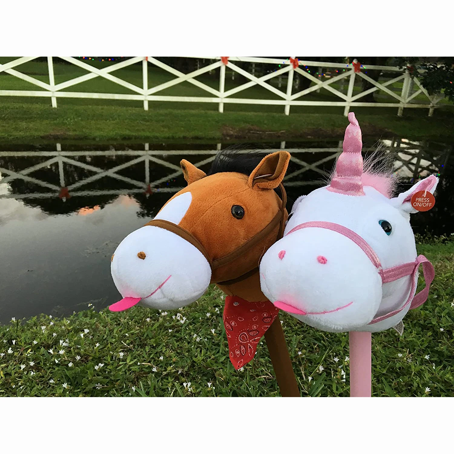 Plush Unicorn stick horse wood wheel real pony neigh and galloping sound plush toy white 27 inches
