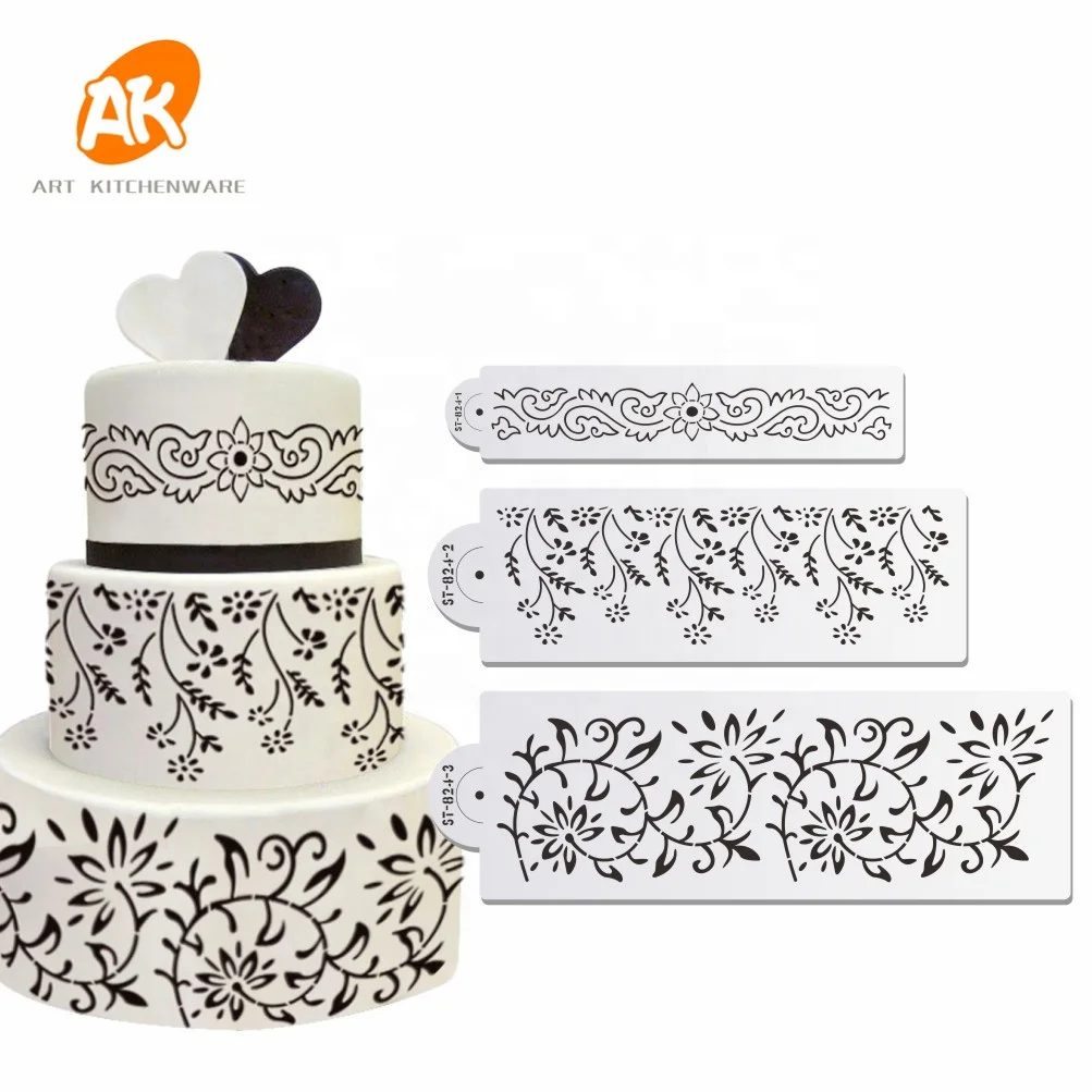 AK 3pcs Flower Cake Lace Stencils Set Custom Royal Icing Airbrush Craft stencil Plastic Drawing Template ST-824