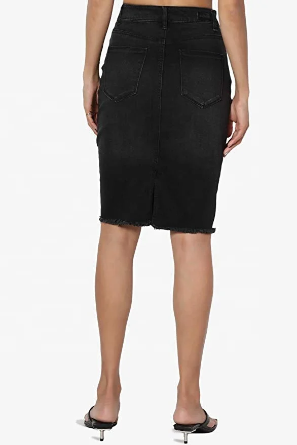 Butt Lift Pencil Knee Length Midi Stretch Soft Denim Skirt