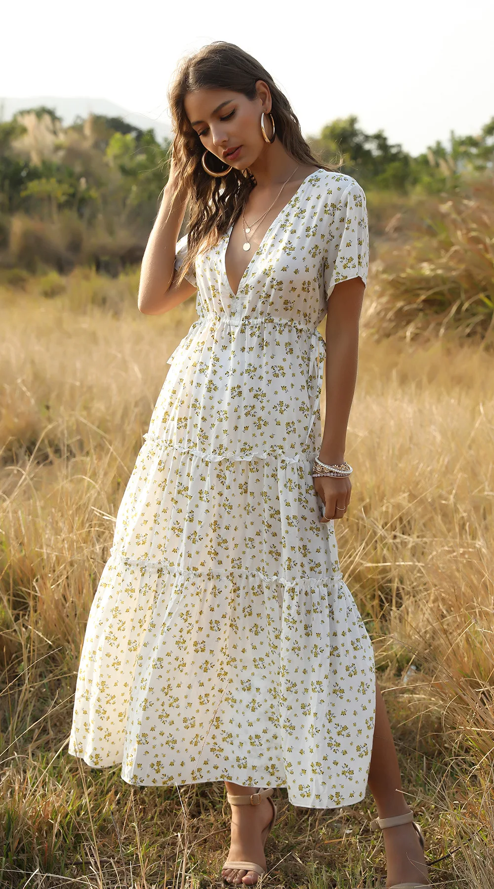 Summer Long Dress Green Floral Print 3/4 Sleeves Tie Waist Indian Women Casual Maxi Dress