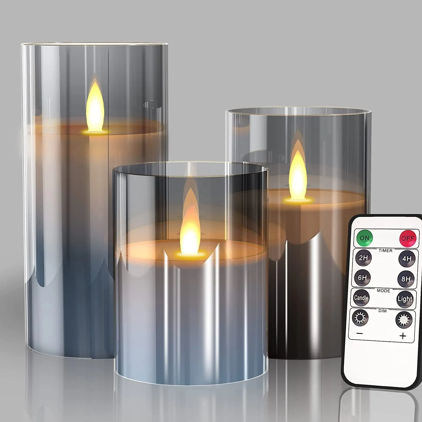 Set of 3 remote controlled led glass candle pillar shaped LED candles with moving flame for decoration birthday wedding party