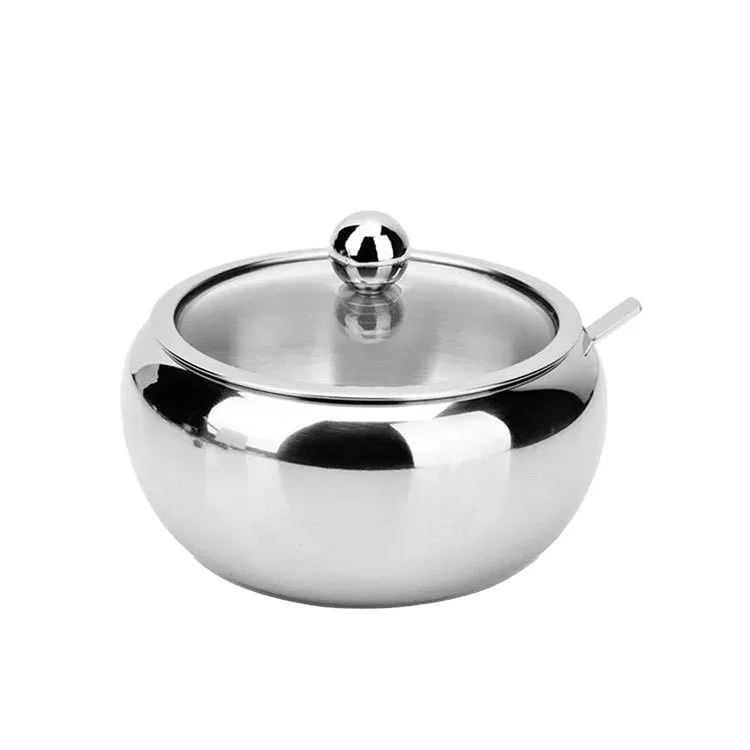 
Factory wholesale 4 styles glass lid with spoon stainless steel sugar pot 