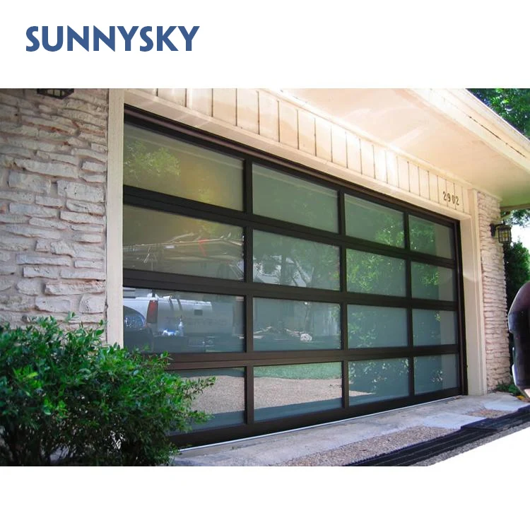 Sunnysky Aluminum Alloy Frosted Glass Modern New Black Combined Automatic Garage Door For Villa Modern Garage Door