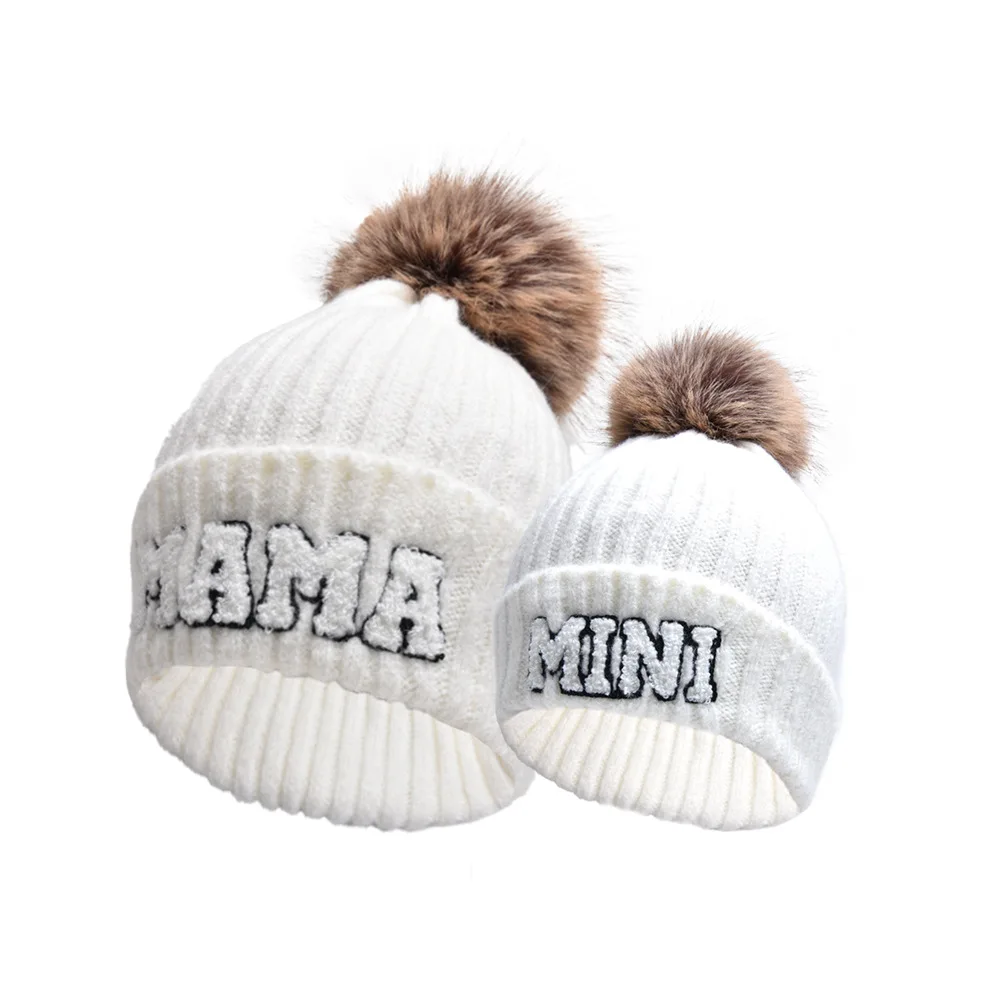 Autumn Winter Children Pompom Caps Mother Baby Hat Mama Mini Knit Hats