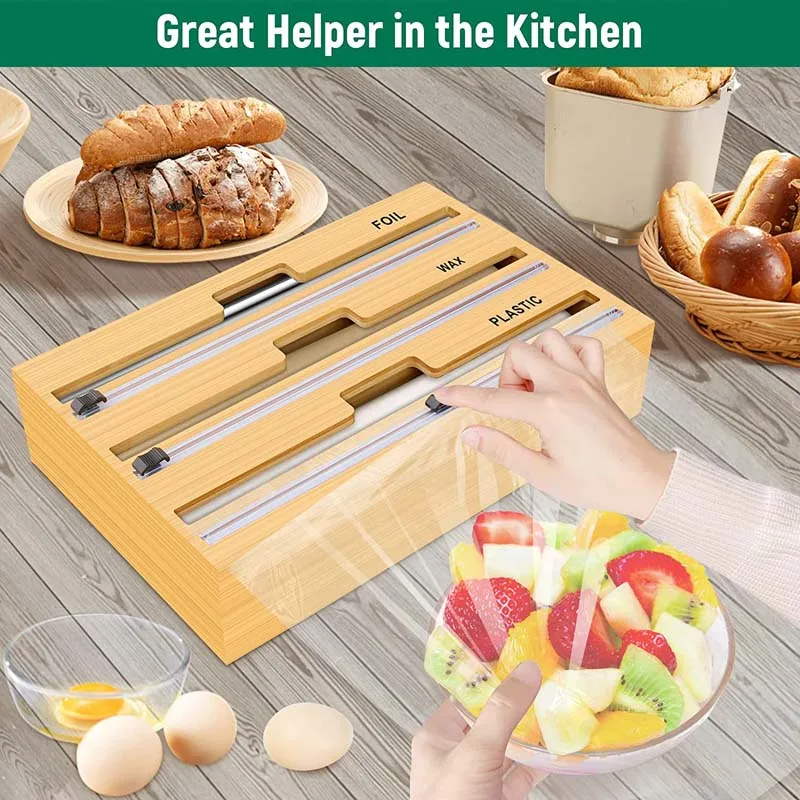 Plastic Wrap Storage Organizer 3 In 1 Bamboo Wood Plastic Wrap Dispenser With Slide Cutter