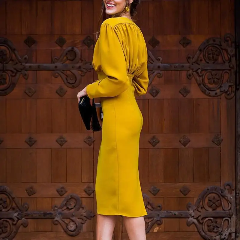Autumn Long Sleeve Evening Dress Formal Elegant Yellow Cocktail Party OL Office Lady Dresses