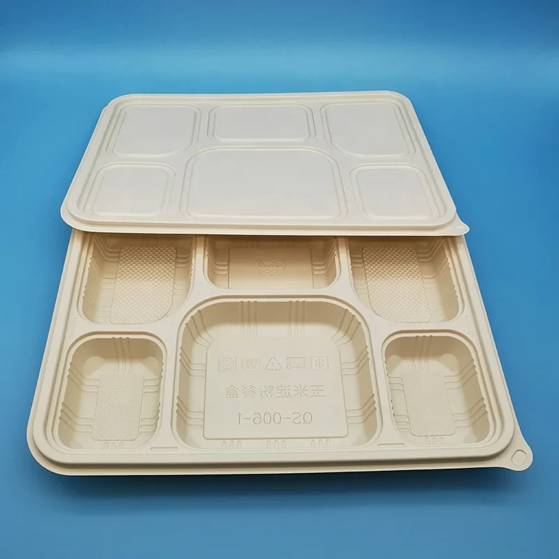 Takeaway food packaging biodegradable corn starch disposable food serving trays with lid divided 6 compartment food tray