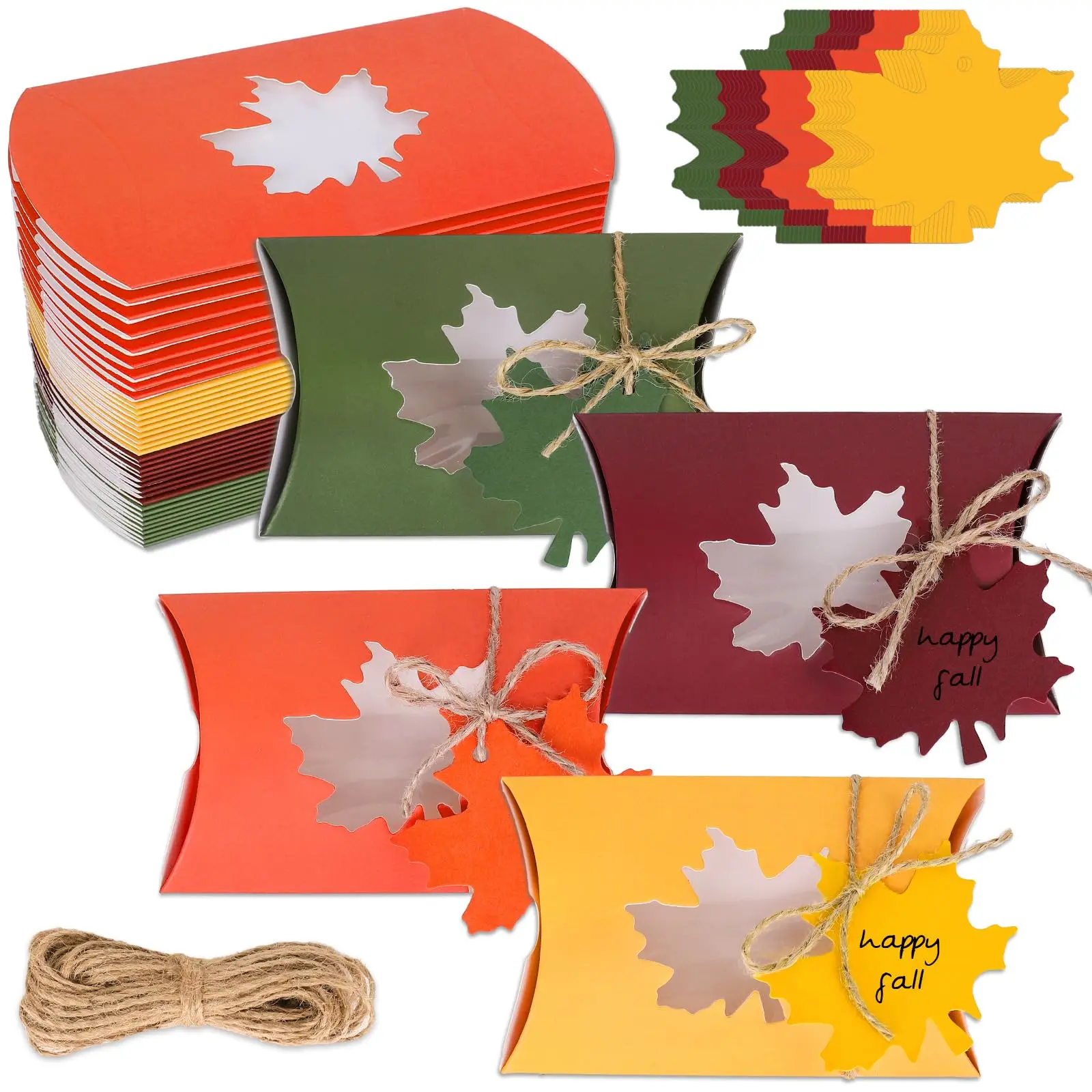 Wholesale New Custom Treat Boxes With Gift Tags Hemp Rope Pillow Box With Maple Leaf Shape Window For Candy Chocolate