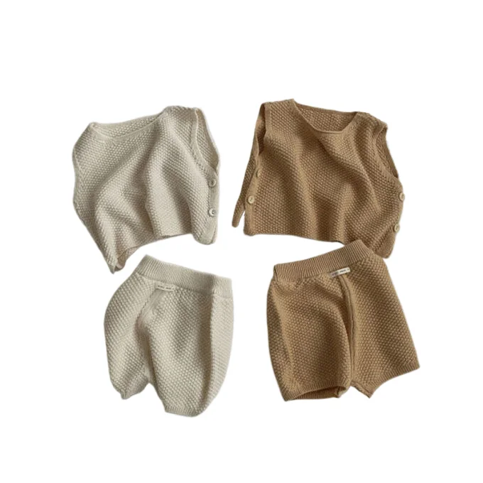 Wholesale  Spring Summer 2PCS Set Infant Toddler Blank Sleeveless Knitted Vest Tops + Shorts Pants Baby Girl Boy Clothing Suit