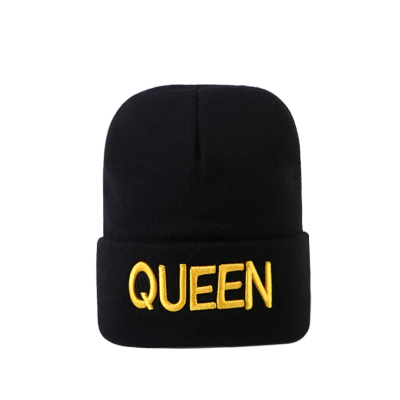 Go Party KING And QUEEN Embroidered Letter Knitted Beanies Hats Couple Winter Knit Black Beanie Hat Men Women Wool Hats