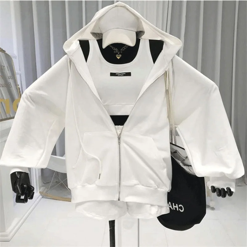 Custom Women Oversize 3 Piece Hoodie Biker Shorts Sets For Woman Adult Tank Top Sportswear 2 Gym Fitness Sets