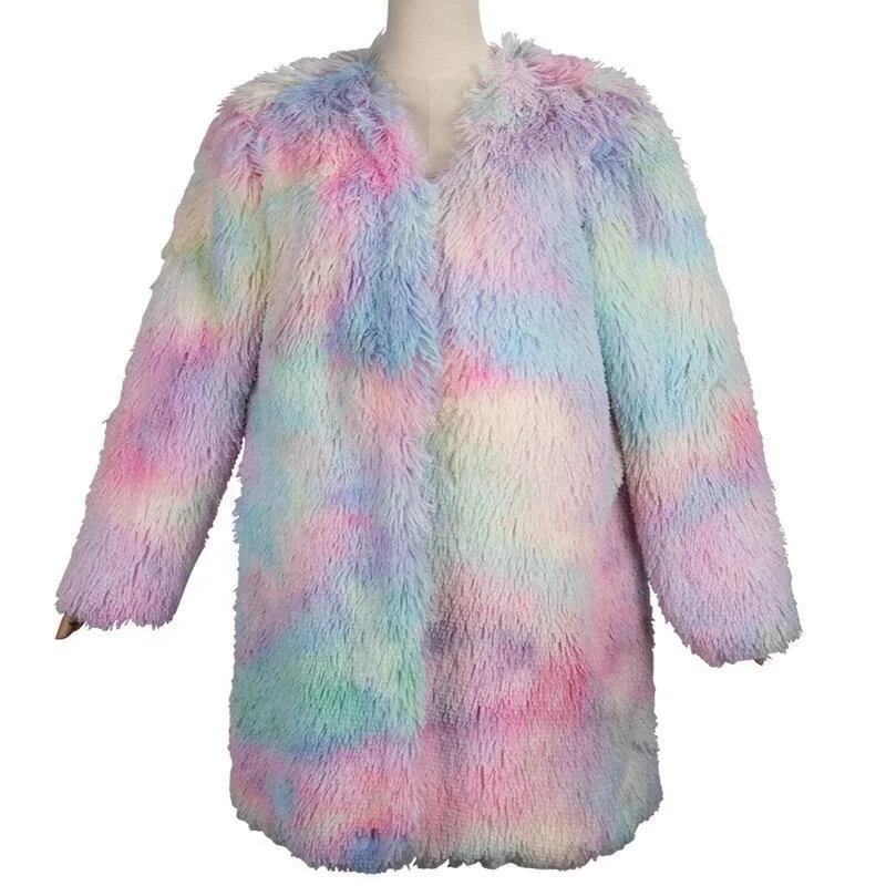Autumn and Winter Fashion Loosen Oversize Plush Coat Rainbow Colorful Ferry  Long Sleeves Cardigan Casual Coat Customized